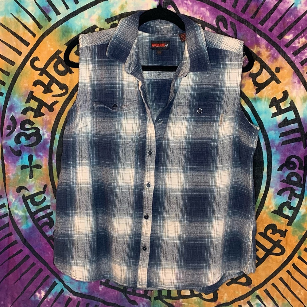 Wolverine 100% Cotton Plaid Sleeveless Flannel Size L Men’s Blue and White